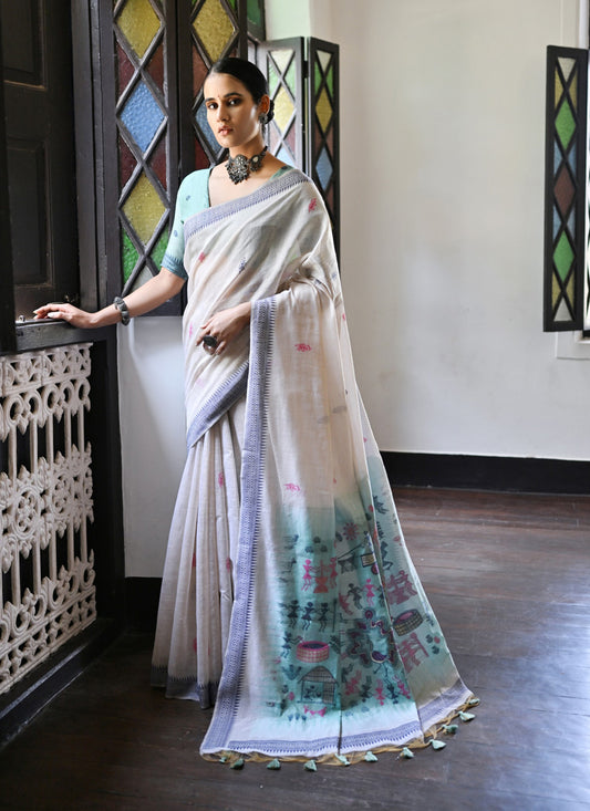 Ivory Cotton Ikkat Woven Saree For Festival