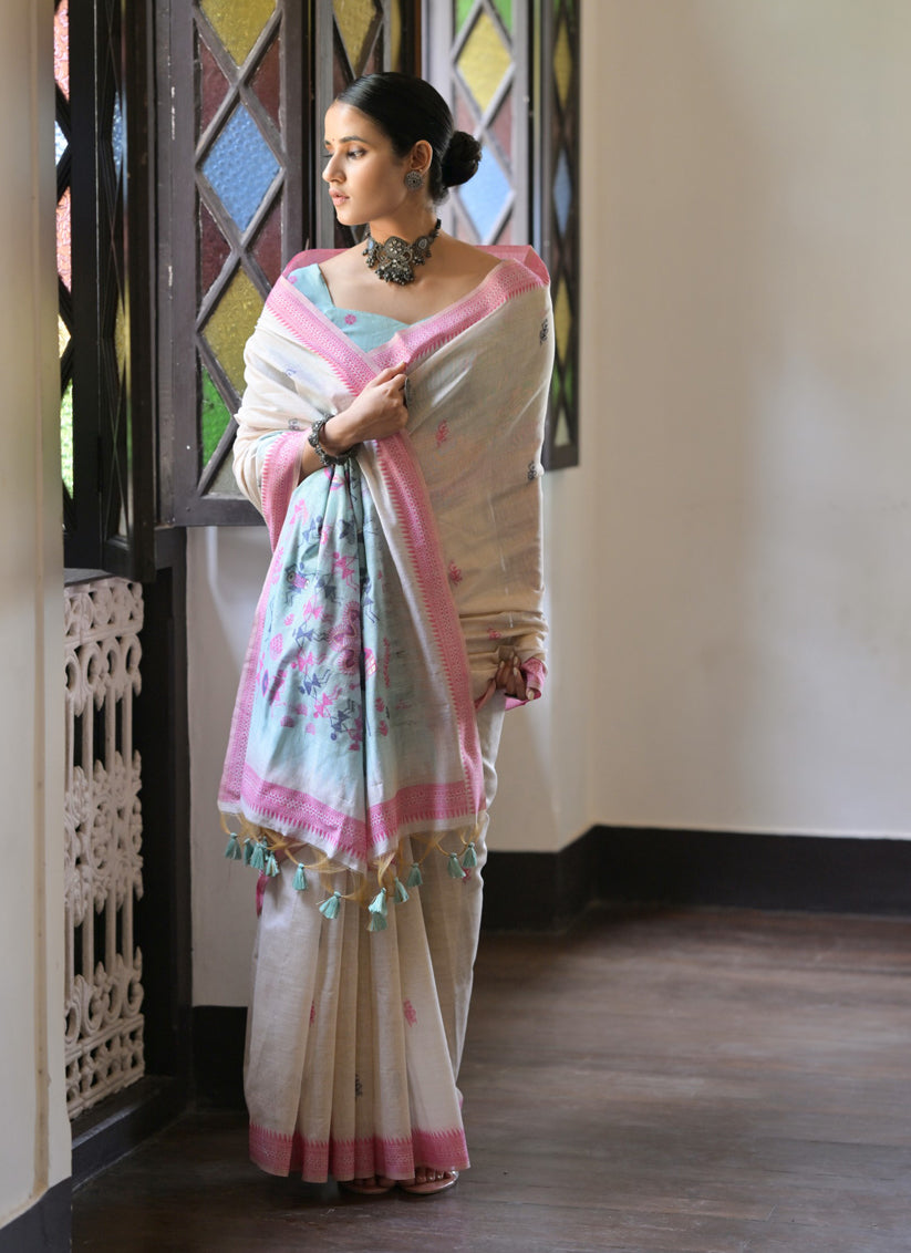 Ivory Cotton Ikkat Woven Saree For Festival