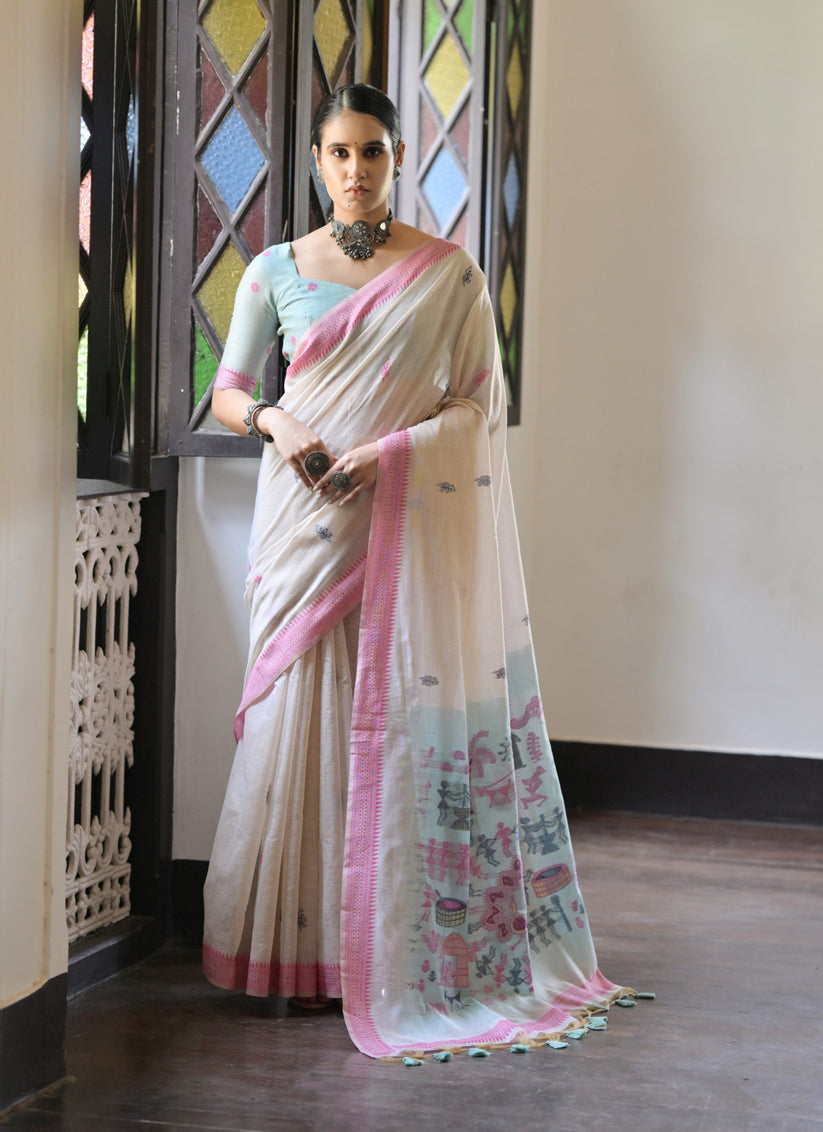 Ivory Cotton Ikkat Woven Saree For Festival