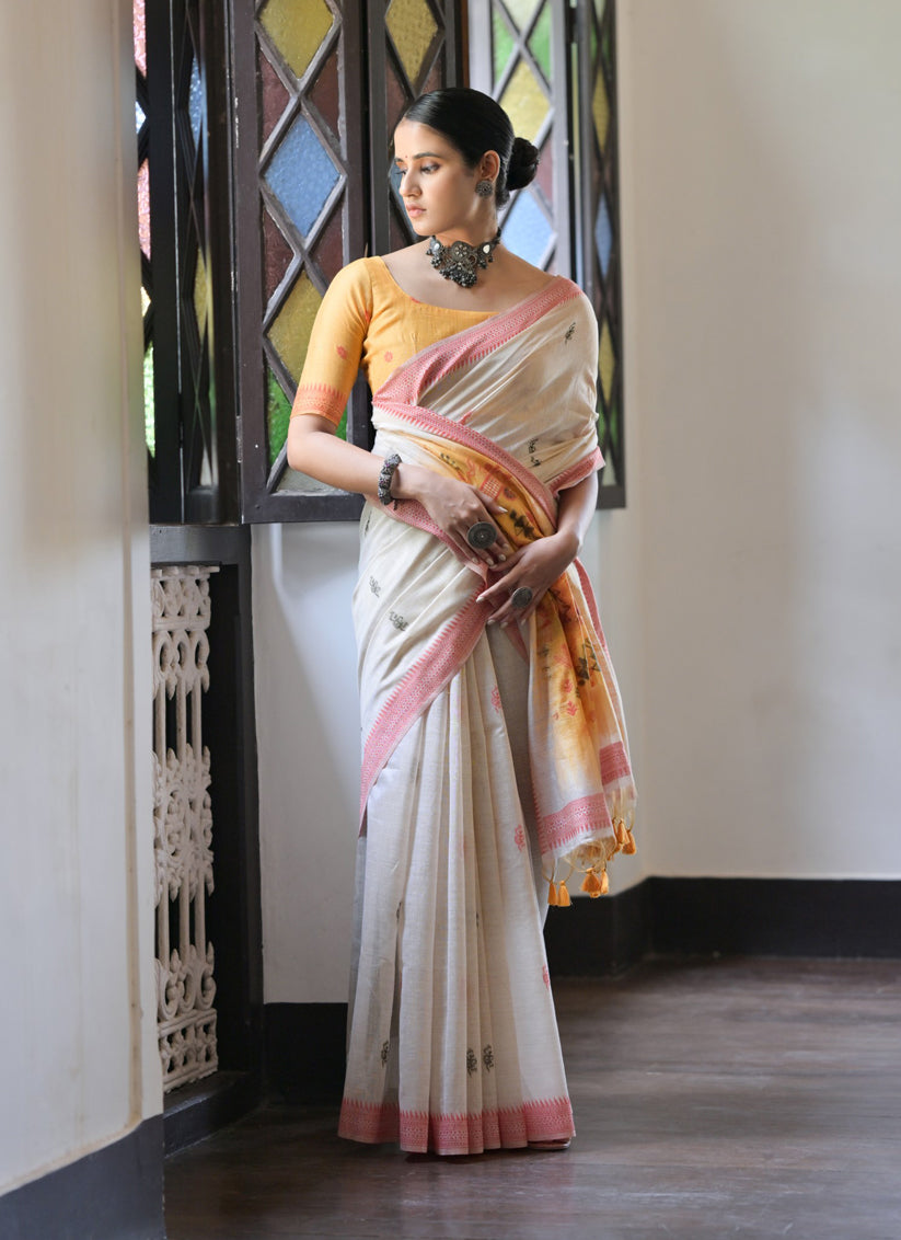 Ivory Cotton Ikkat Woven Saree For Festival