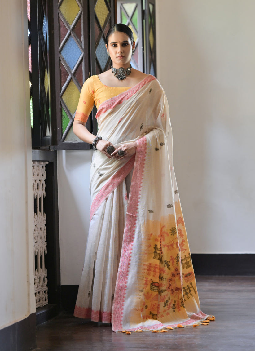 Ivory Cotton Ikkat Woven Saree For Festival