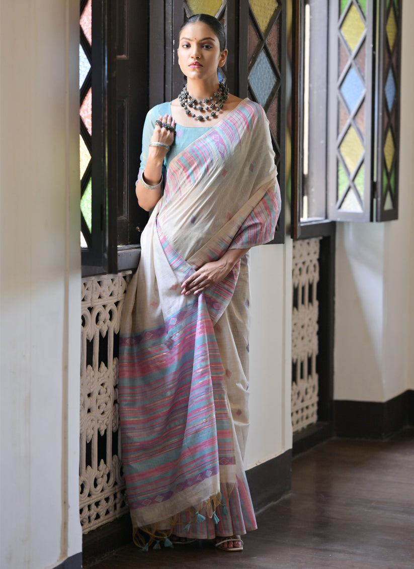 Cream Cotton Ikkat Woven Saree For Festival