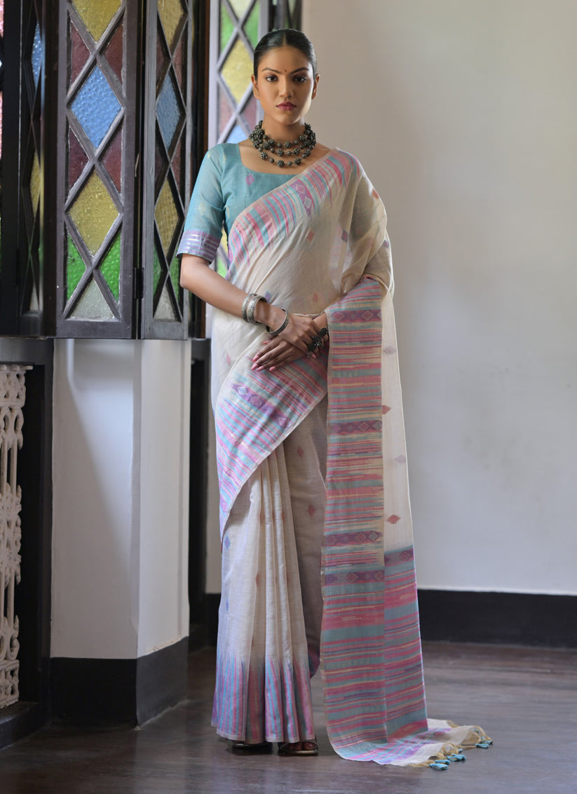 Cream Cotton Ikkat Woven Saree For Festival