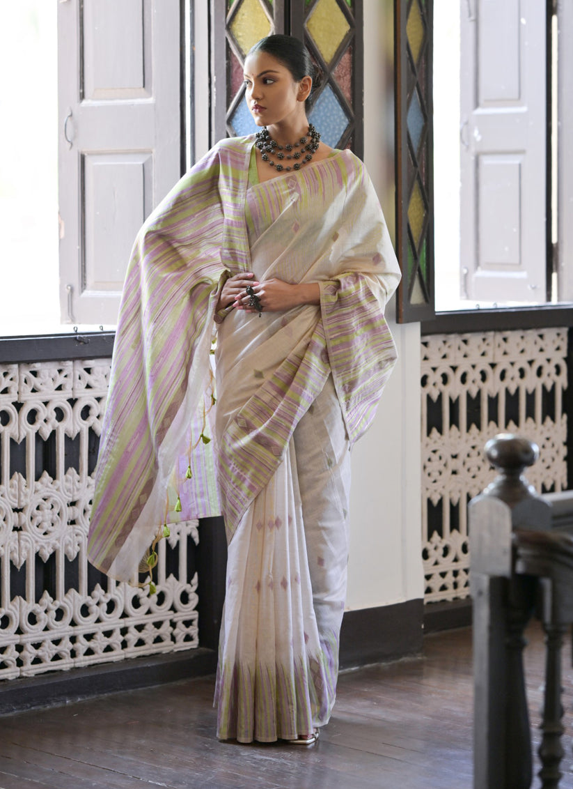 Cream Cotton Ikkat Woven Saree For Festival