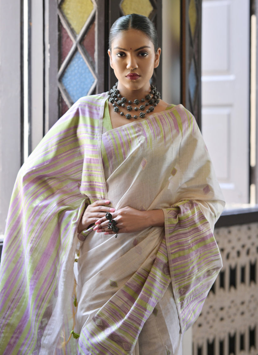 Cream Cotton Ikkat Woven Saree For Festival