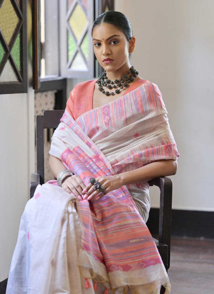 Cream Cotton Ikkat Woven Saree For Festival