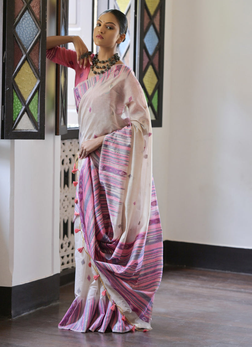 Cream Cotton Ikkat Woven Saree For Festival