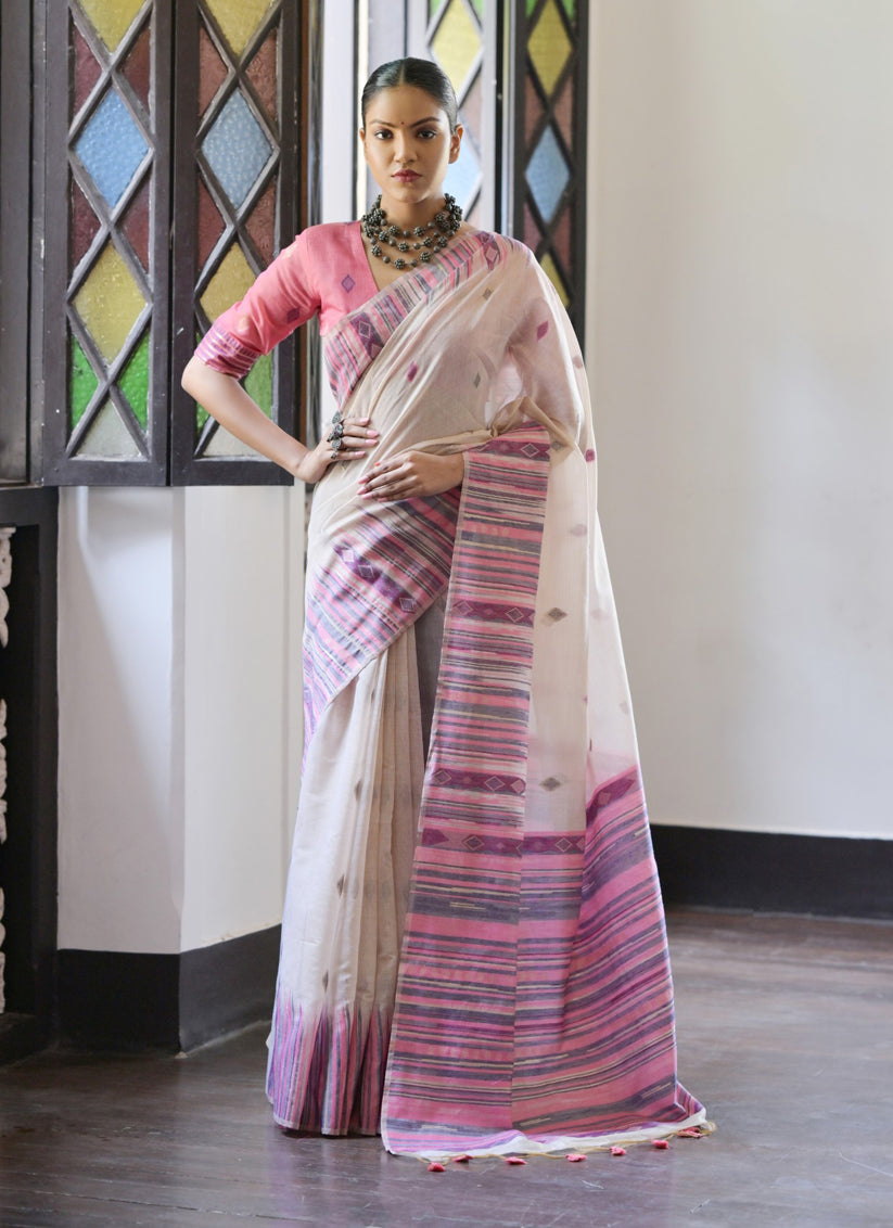 Cream Cotton Ikkat Woven Saree For Festival