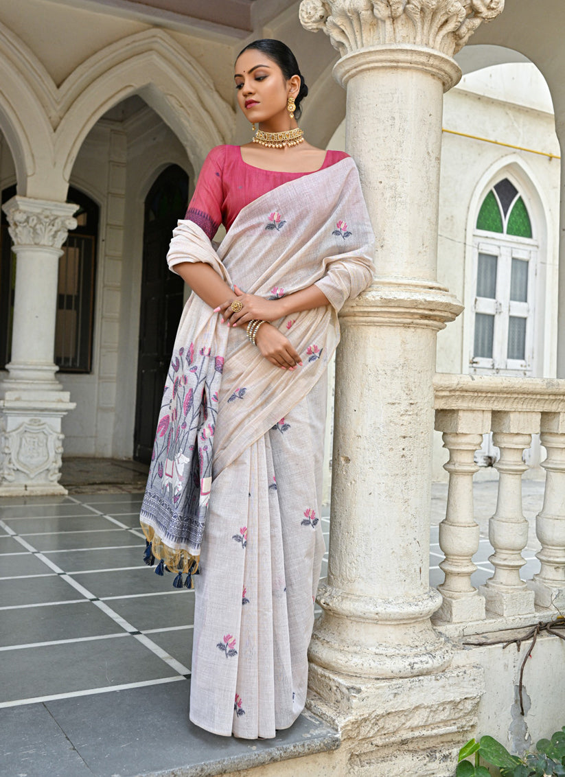 Off White Cotton Printed Woven Saree