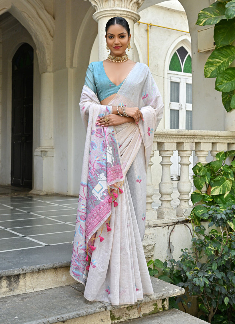 Off White Cotton Printed Woven Saree