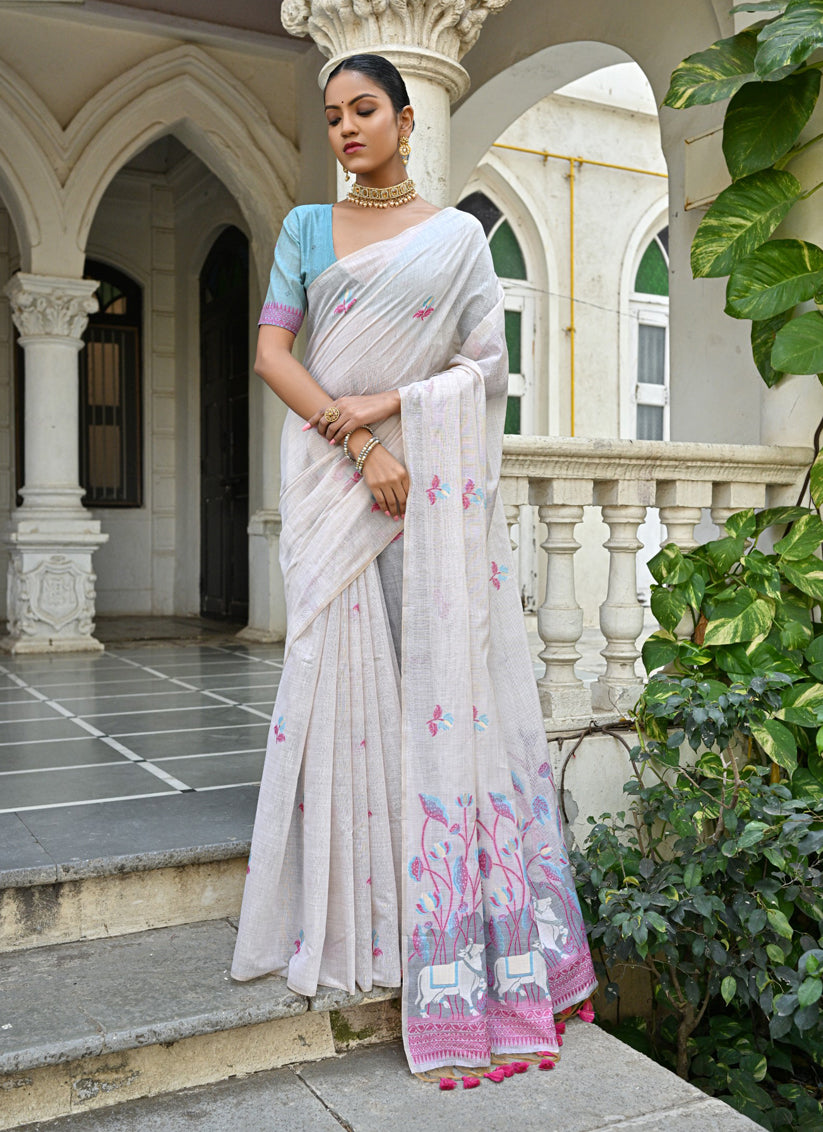 Off White Cotton Printed Woven Saree