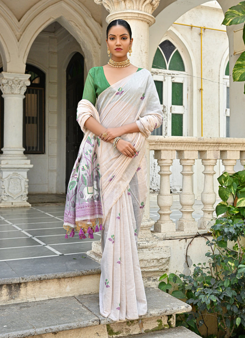 Off White Cotton Printed Woven Saree