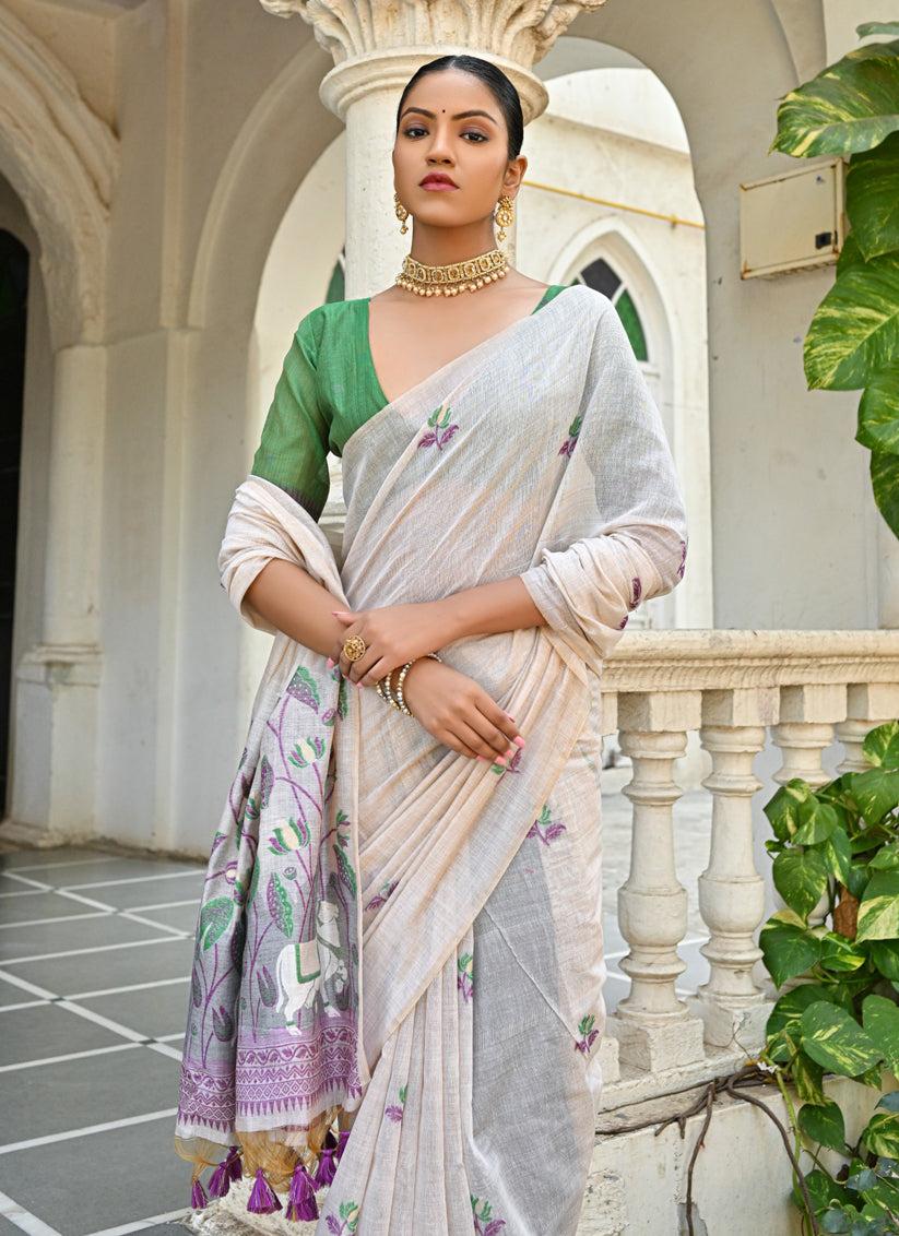 Off White Cotton Printed Woven Saree