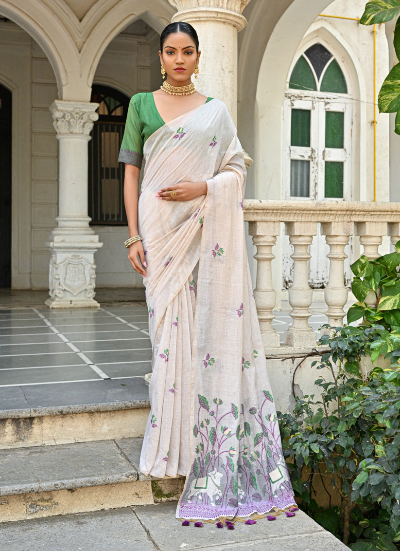 Off White Cotton Printed Woven Saree