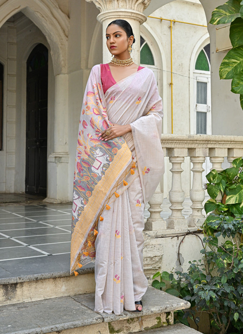 Off White Cotton Printed Woven Saree