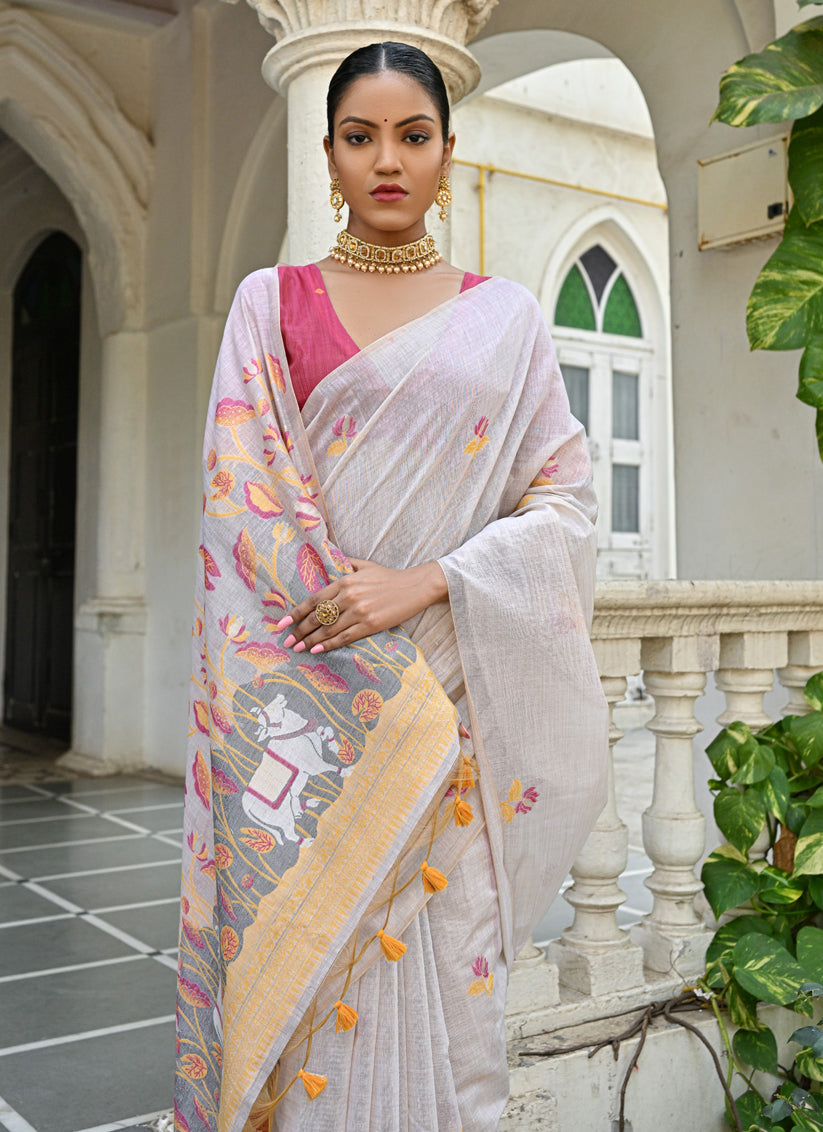 Off White Cotton Printed Woven Saree