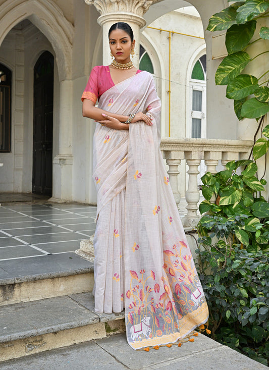 Off White Cotton Printed Woven Saree