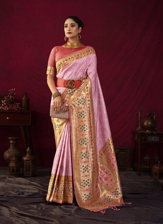 Pink Paithani Silk Zari Woven Saree For Festival