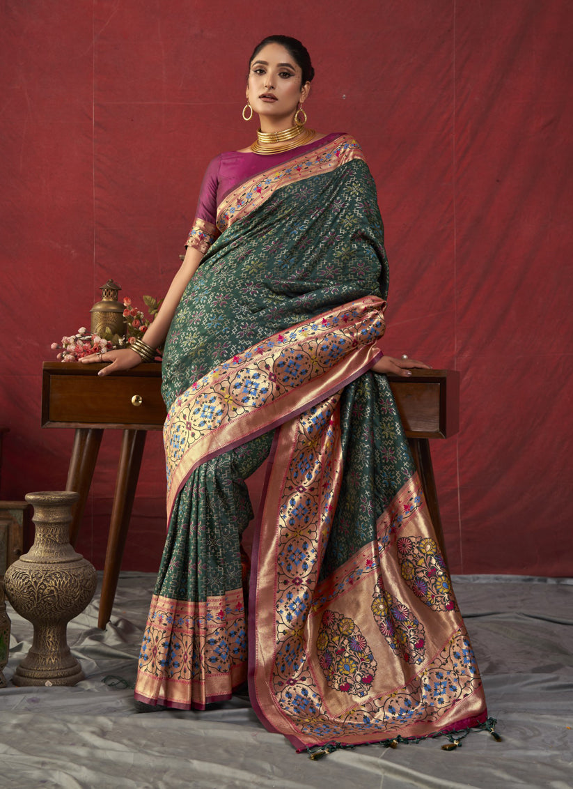 Bottle Green Paithani Silk Zari Woven Saree For Festival