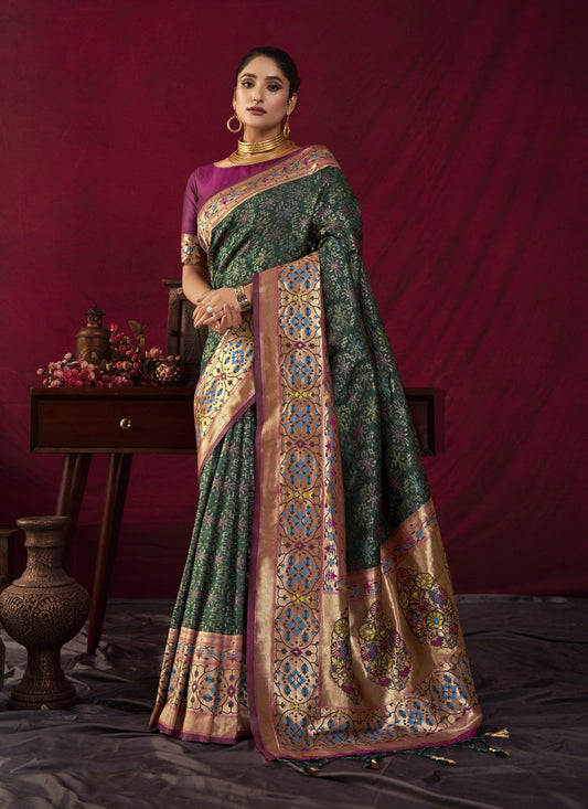 Bottle Green Paithani Silk Zari Woven Saree For Festival