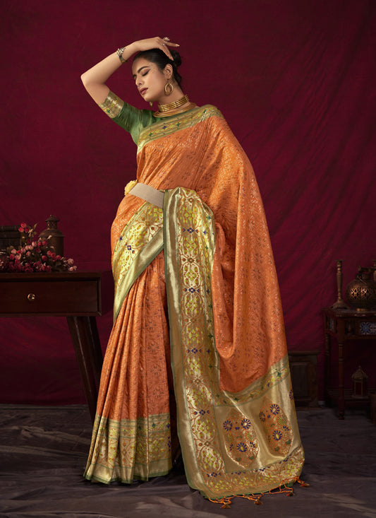Orange Paithani Silk Zari Woven Saree For Festival
