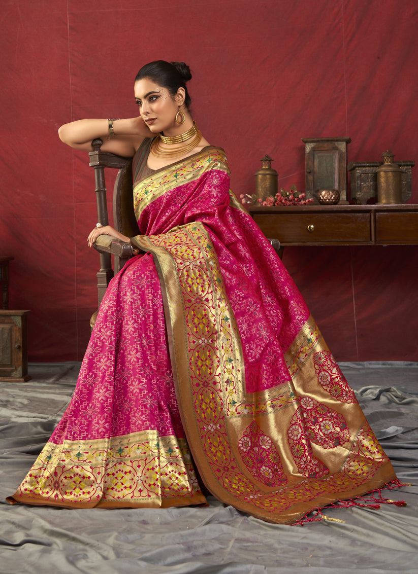 Rani Pink Paithani Silk Zari Woven Saree For Festival