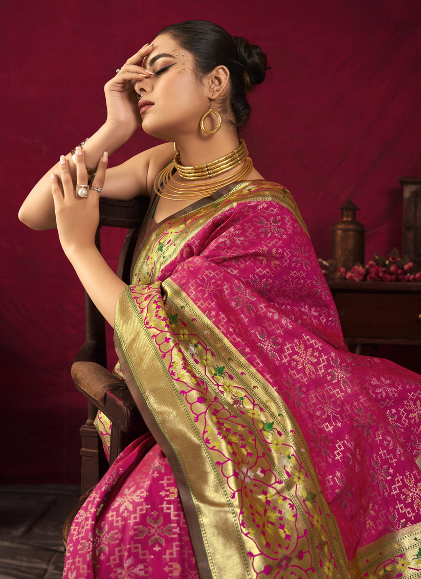 Rani Pink Paithani Silk Zari Woven Saree For Festival