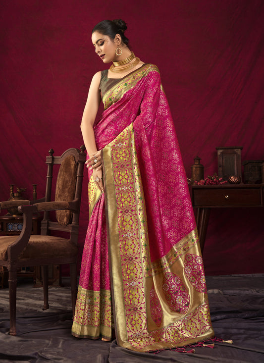 Rani Pink Paithani Silk Zari Woven Saree For Festival