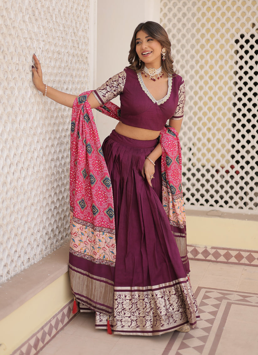 Wine Viscose Jacquard Printed Lehenga Choli for Festival