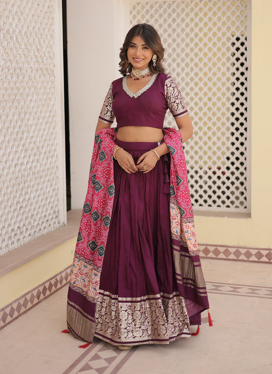 Wine Viscose Jacquard Printed Lehenga Choli for Festival