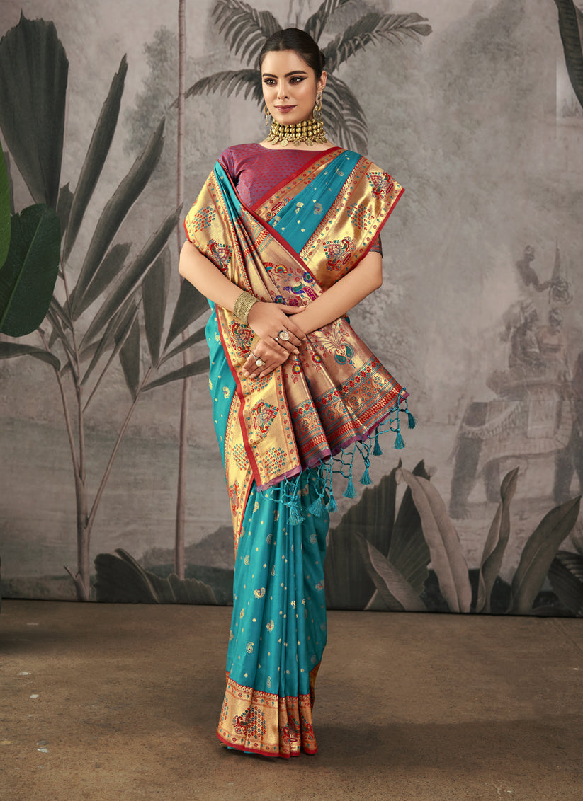 Rama Blue Paithani Silk Zari Woven Saree