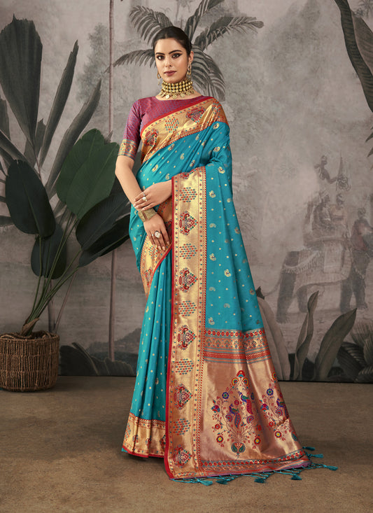 Rama Blue Paithani Silk Zari Woven Saree