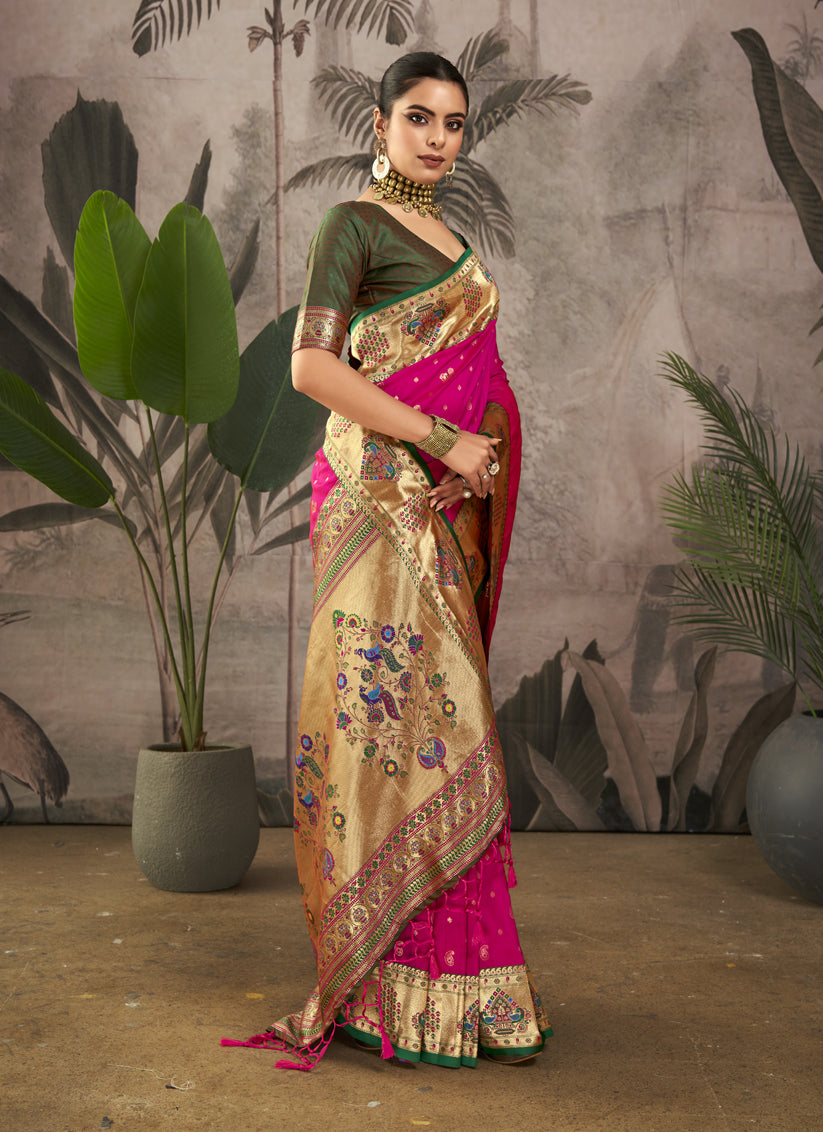 Rani Pink Paithani Silk Zari Woven Saree