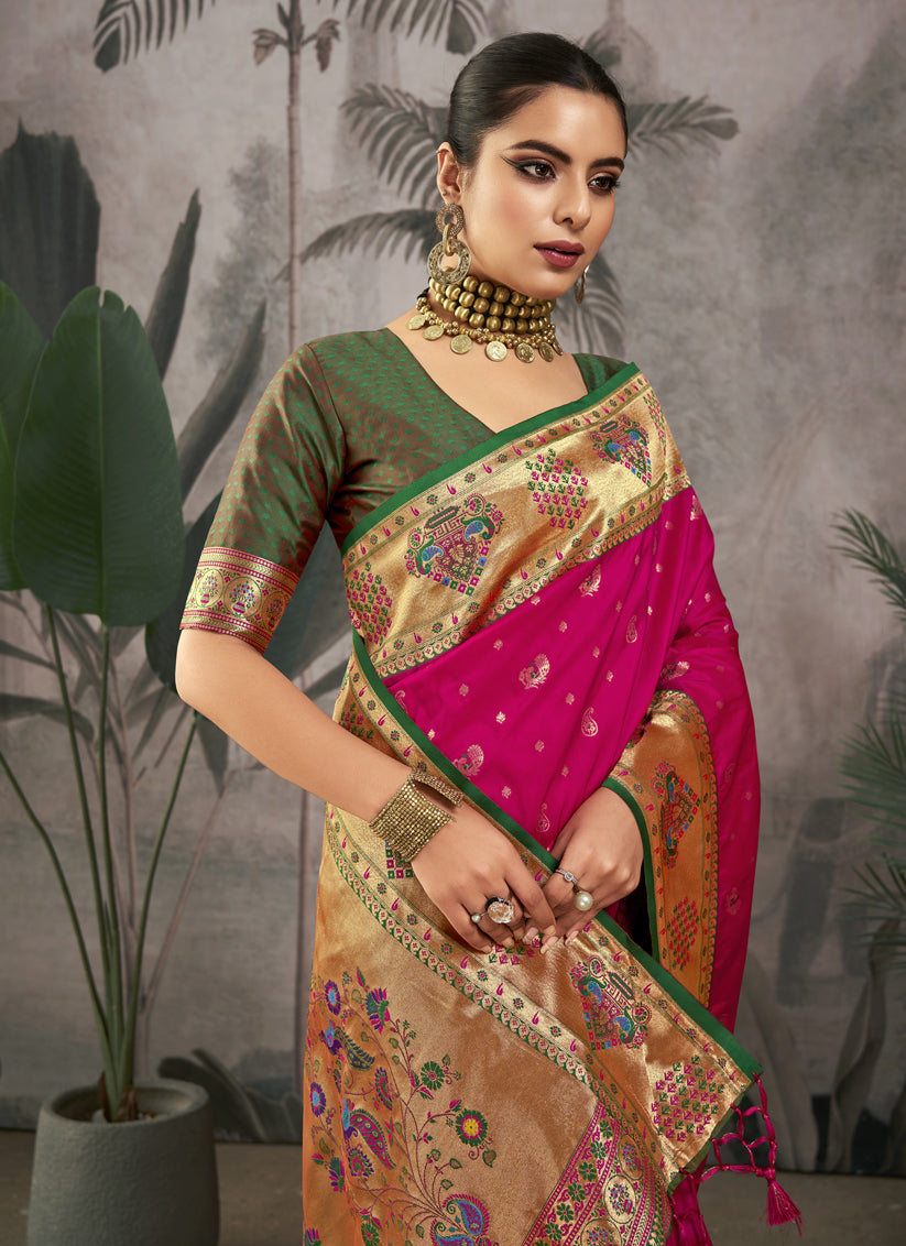 Rani Pink Paithani Silk Zari Woven Saree