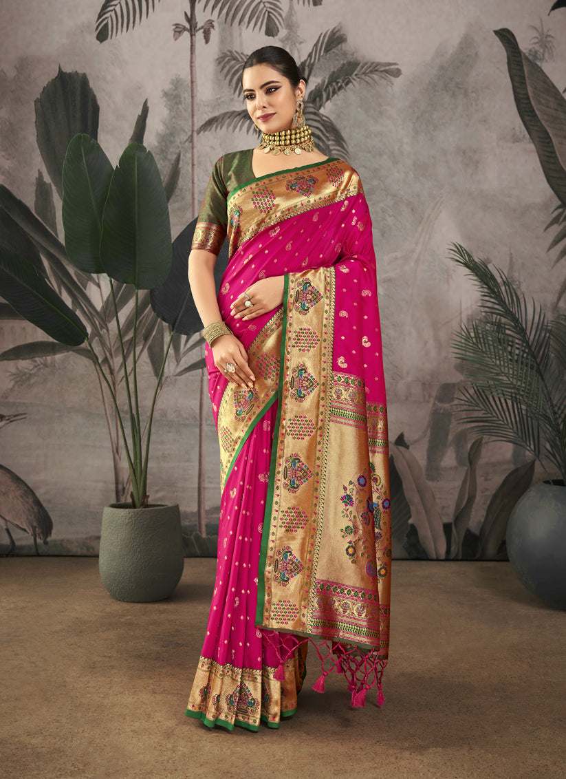 Rani Pink Paithani Silk Zari Woven Saree