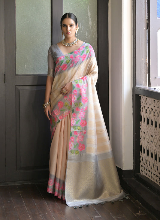 Cream Banarasi Silk Zari Woven Saree For Festival