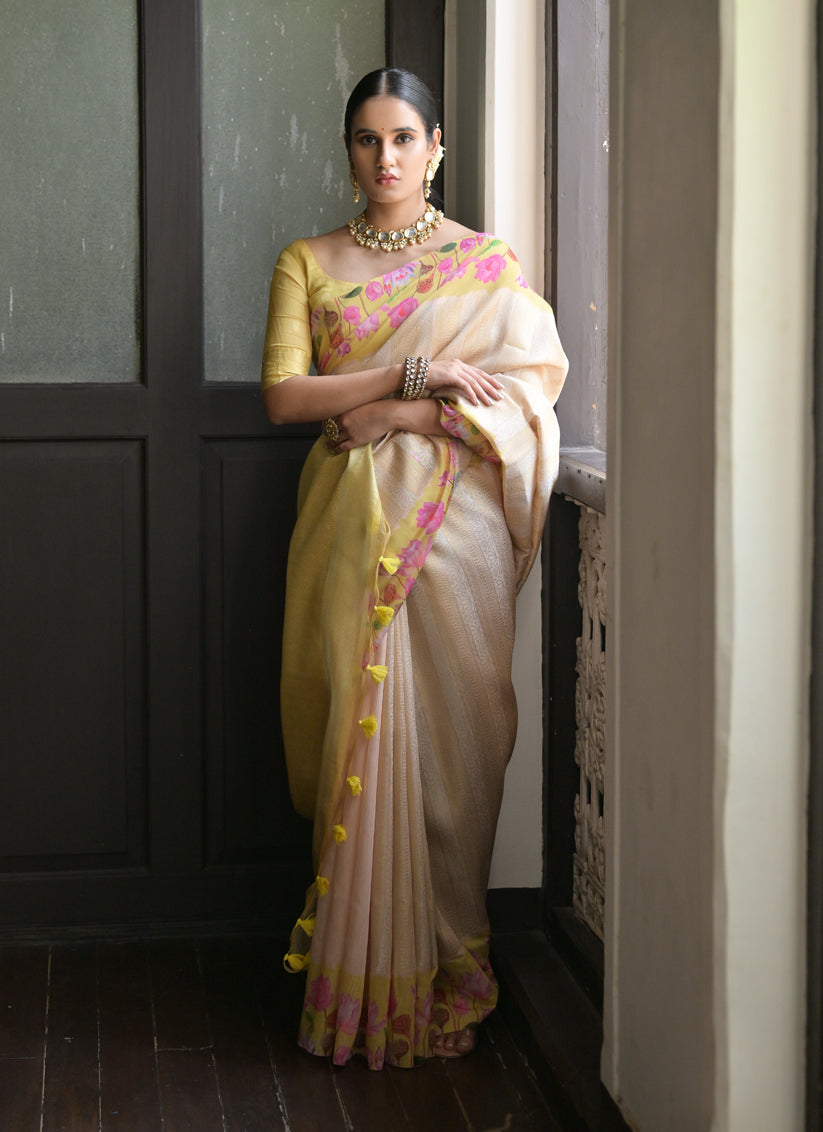 Cream Banarasi Silk Zari Woven Saree For Festival