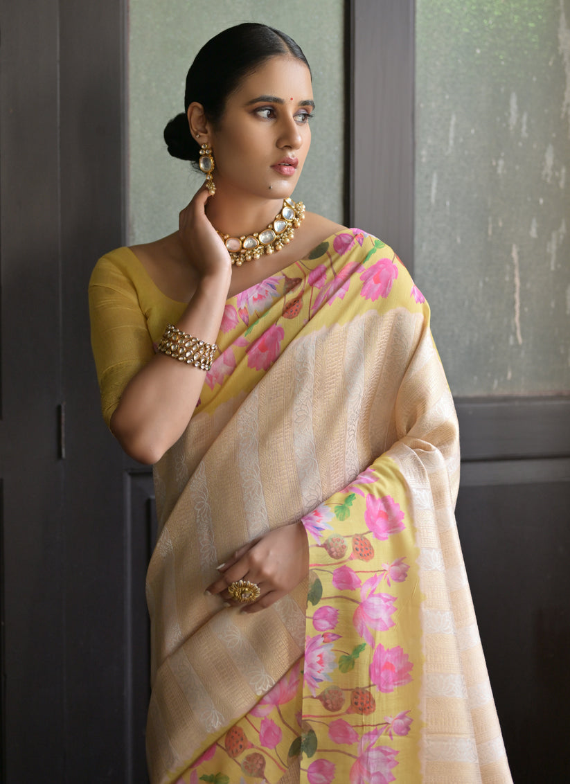 Cream Banarasi Silk Zari Woven Saree For Festival