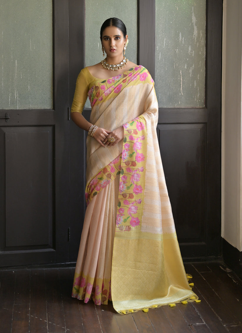 Cream Banarasi Silk Zari Woven Saree For Festival