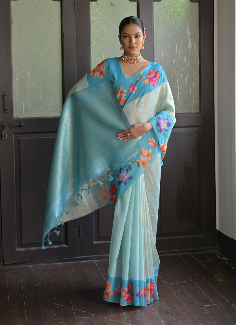 Firozi Banarasi Silk Zari Woven Saree For Festival