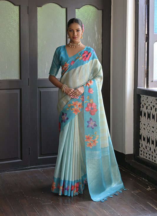 Firozi Banarasi Silk Zari Woven Saree For Festival