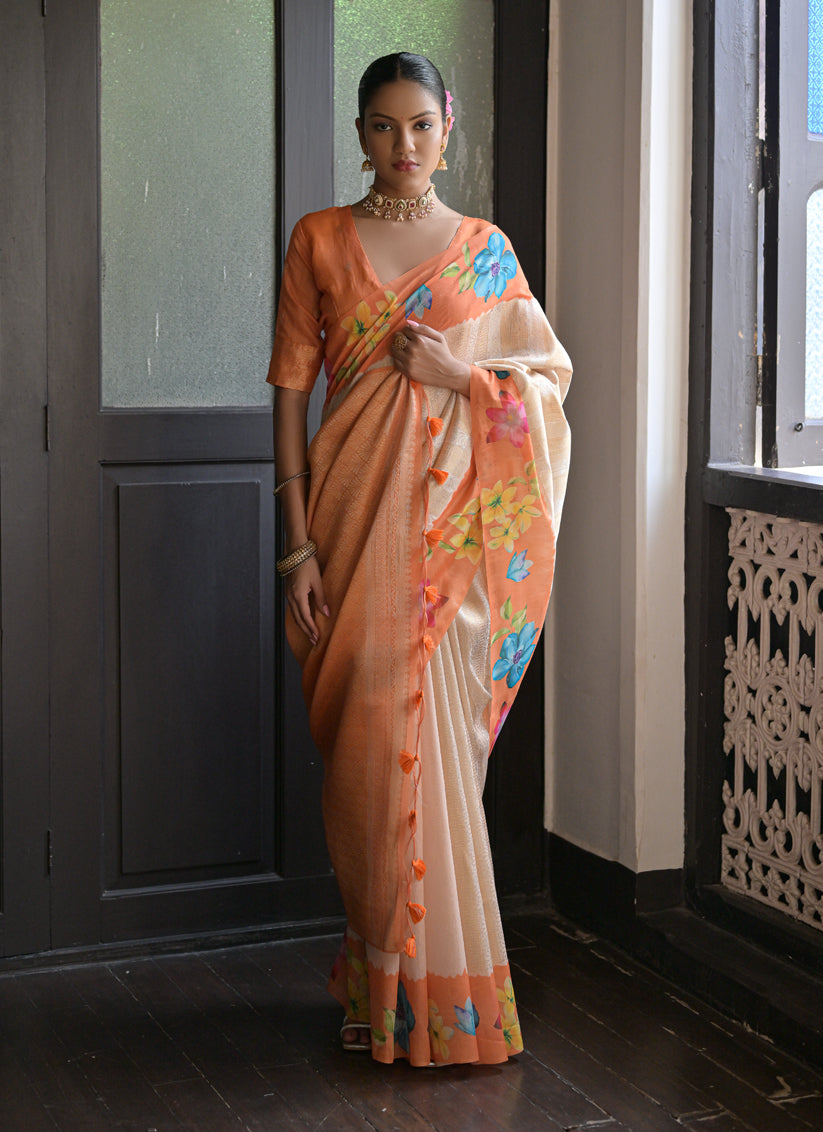 Orange Banarasi Silk Zari Woven Saree For Festival