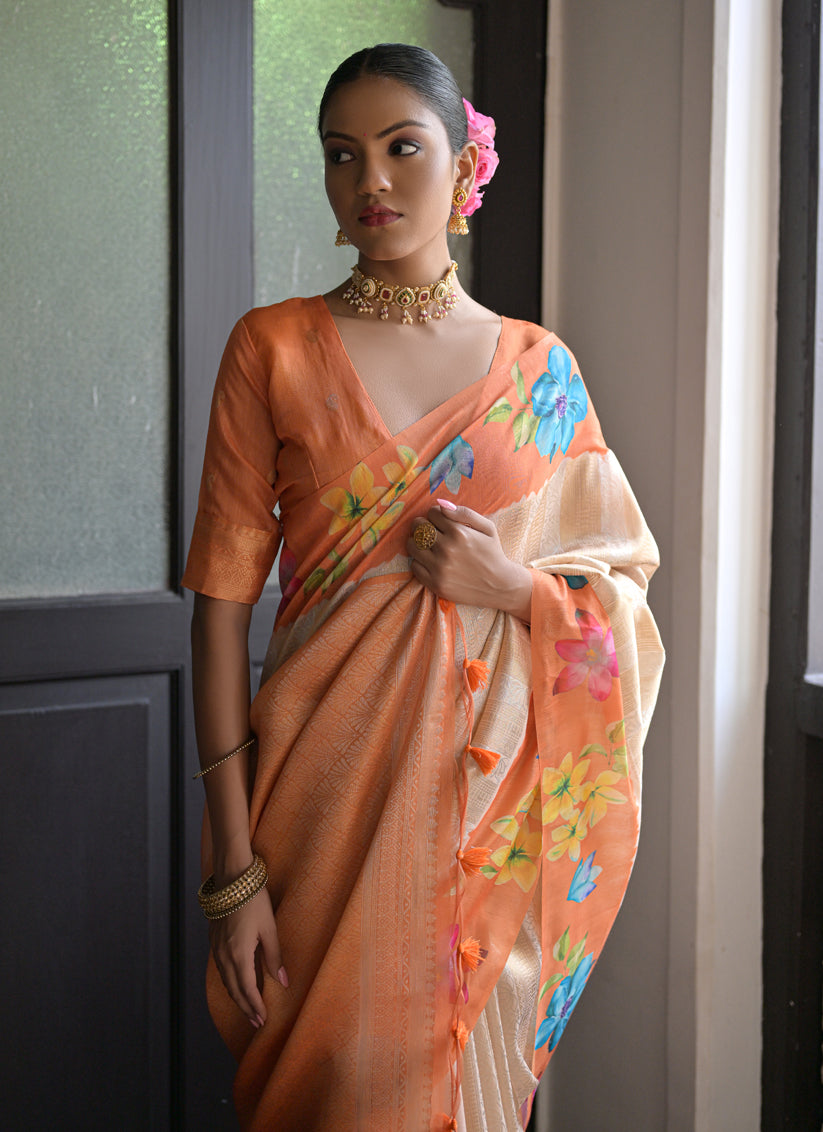 Orange Banarasi Silk Zari Woven Saree For Festival