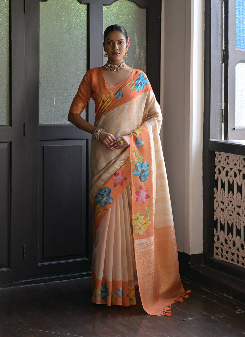 Orange Banarasi Silk Zari Woven Saree For Festival