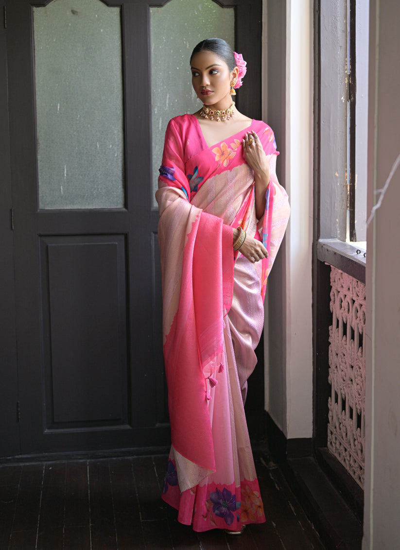 Pink Banarasi Silk Zari Woven Saree For Festival