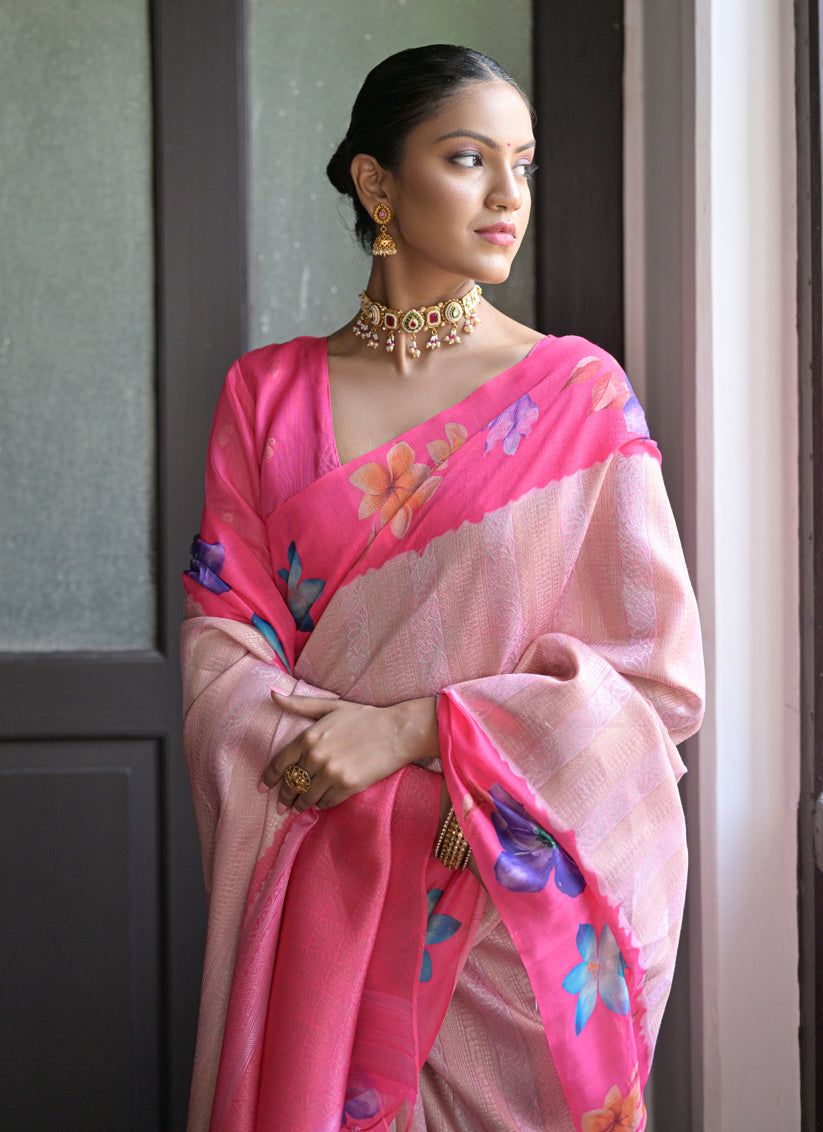 Pink Banarasi Silk Zari Woven Saree For Festival