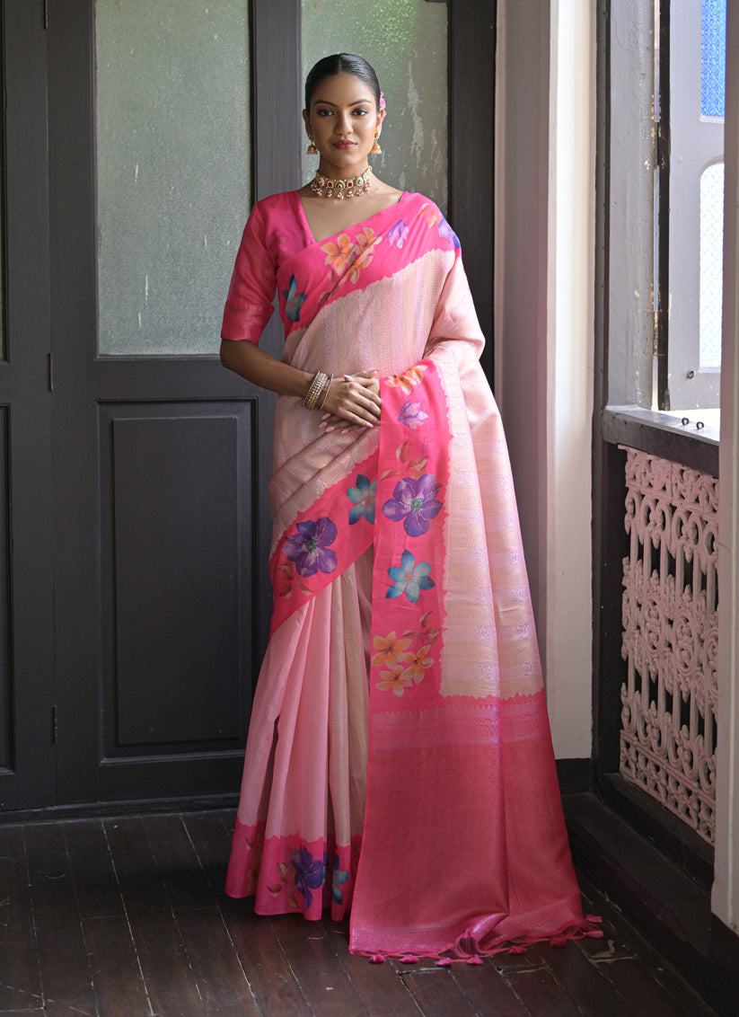 Pink Banarasi Silk Zari Woven Saree For Festival