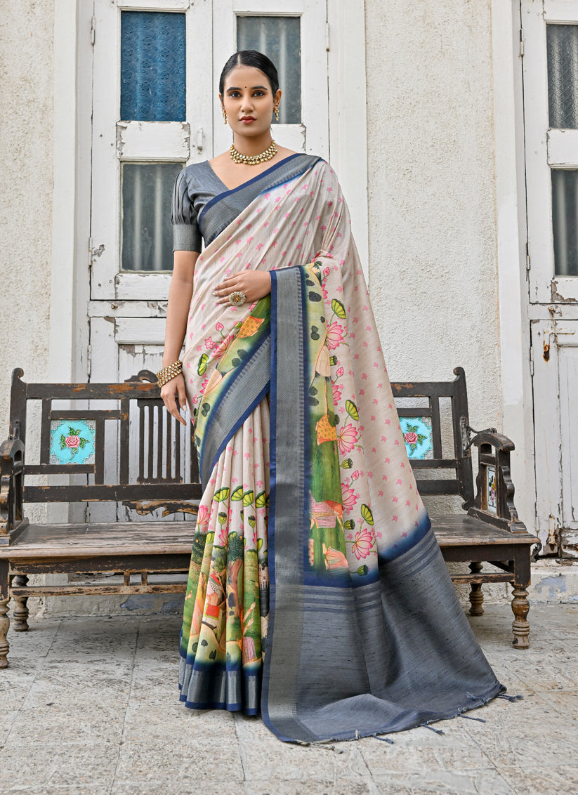 Cream Soft Tussar Silk Zari Woven Saree For Festival