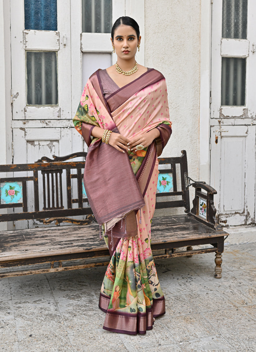 Peach Soft Tussar Silk Zari Woven Saree For Festival