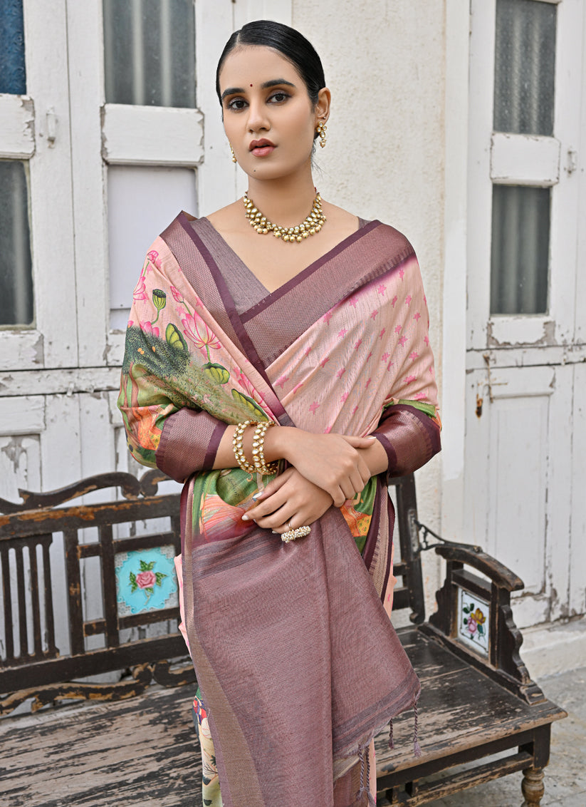 Peach Soft Tussar Silk Zari Woven Saree For Festival